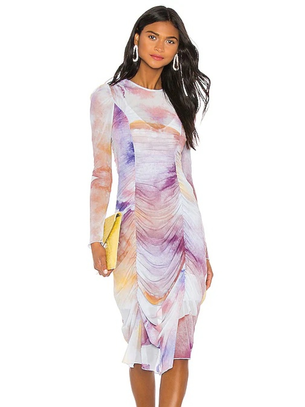 AÉRYNE Celine Ruched Mesh Midi Dress Watercolor Print Size S